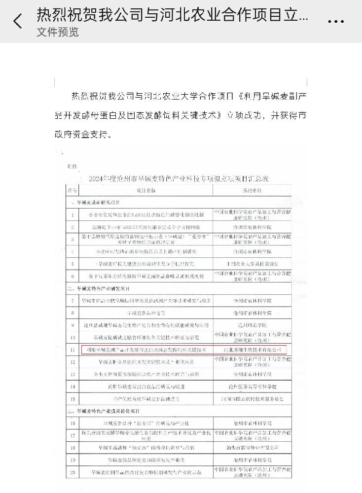 熱烈祝賀我公司與河北農業大學合作項目《利用旱堿麥副產品開發酵母蛋白及固態發酵飼料關鍵技術》立項成功，并獲得市政府資金支持。